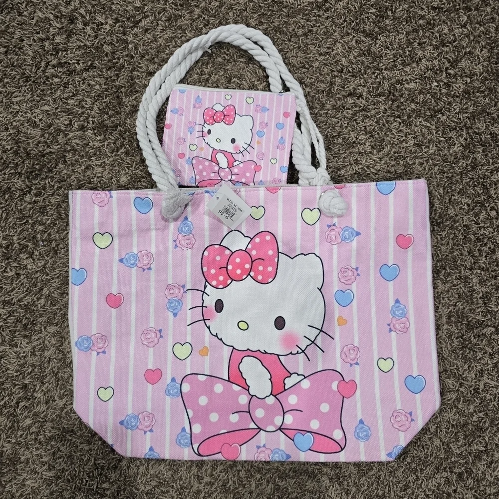 New Hello Kitty Zip Tote Bag with Coin Pouch and Rope Handles